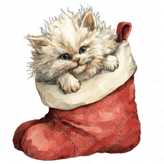 Watercolour Christmas Kitten Stocking fussy cut sheet in A4 format showing all 12 designs on one printable page