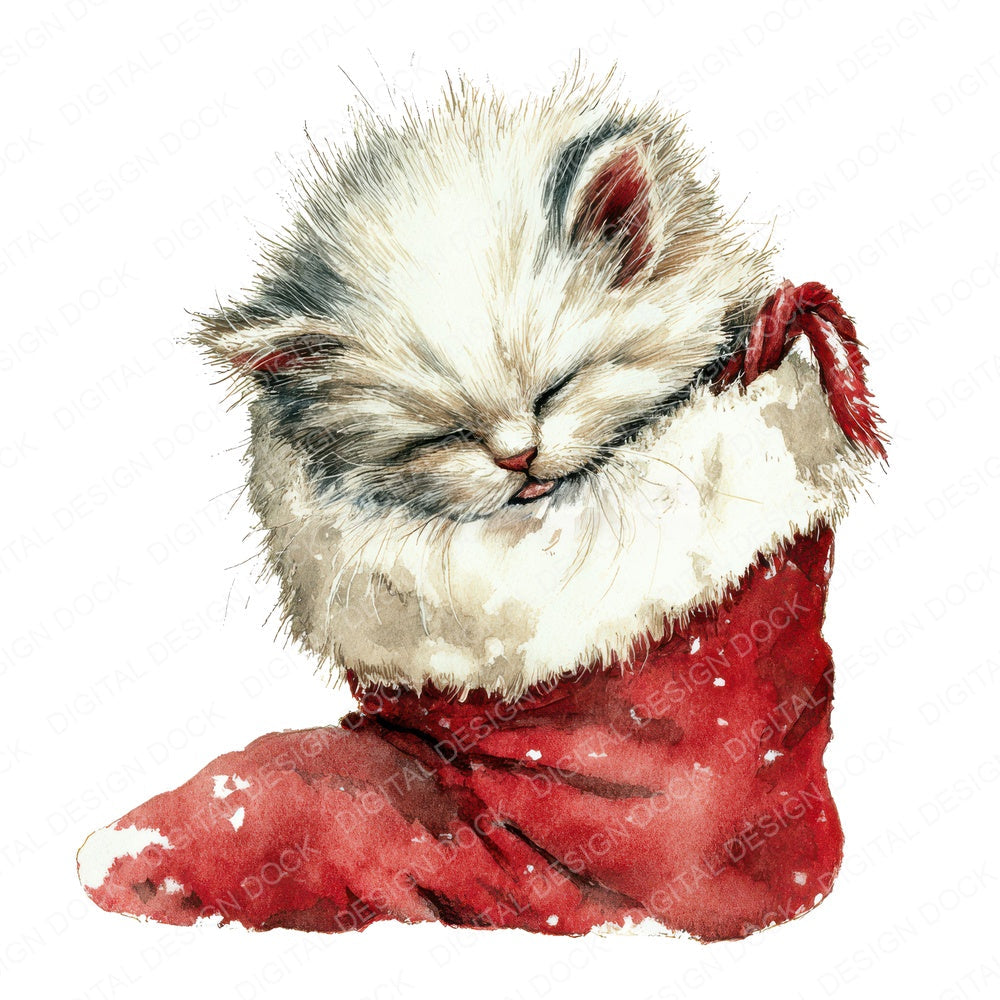 Watercolour Christmas Kitten Stocking fussy cut sheet in US Letter format showing all 12 designs on one printable page