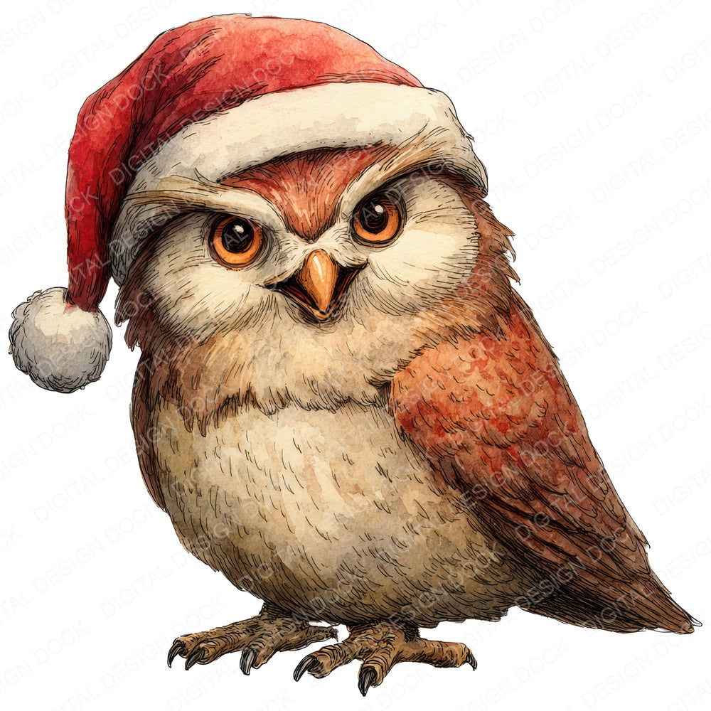 Watercolour Christmas Owl Santa Hat fussy cut sheet in A4 format showing all 12 designs on one printable page