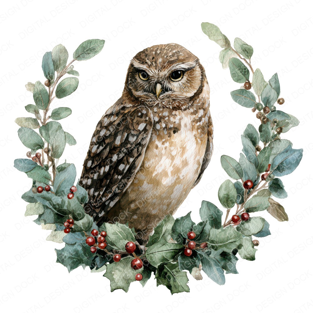 Watercolour Christmas Owl Wreath fussy cut sheet in A4 format showing all 12 designs on one printable page