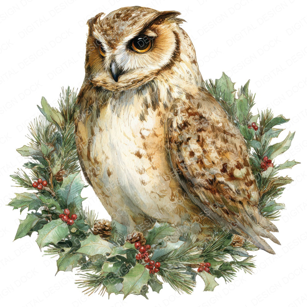 Watercolour Christmas Owl Wreath fussy cut sheet in US Letter format showing all 12 designs on one printable page