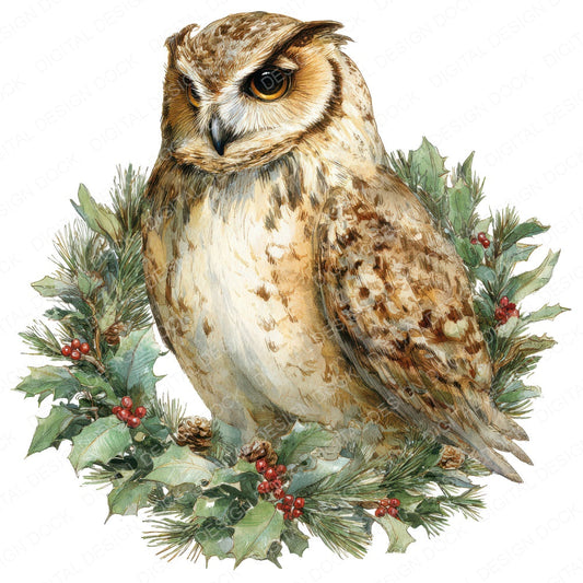 Watercolour Christmas Owl Wreath fussy cut sheet in US Letter format showing all 12 designs on one printable page