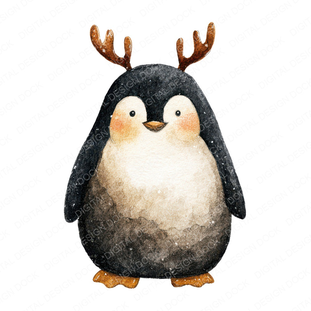 Watercolour Christmas Penguin Antlers fussy cut sheet in A4 format showing all 12 designs on one printable page