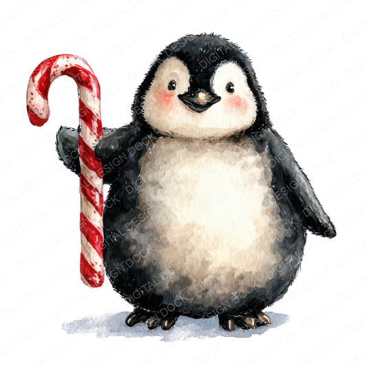 Watercolour Christmas Penguin Candy Cane fussy cut sheet in A4 format showing all 12 designs on one printable page