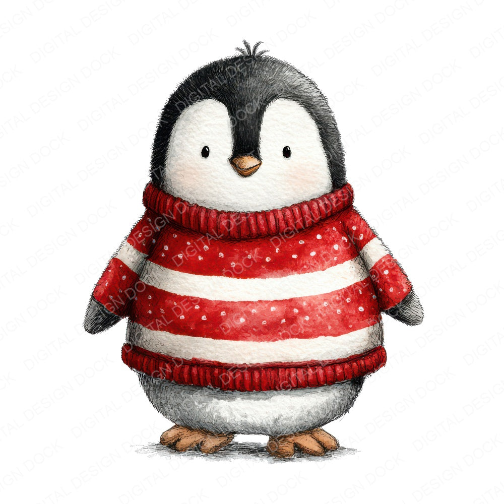 Watercolour Christmas Penguin Jumper fussy cut sheet in US Letter format showing all 12 designs on one printable page
