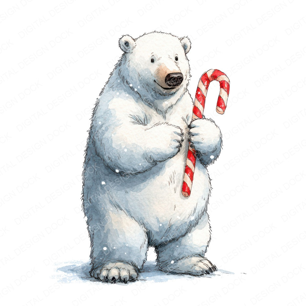 Watercolour Christmas Polar Bear Candy Cane fussy cut sheet in A4 format showing all 12 designs on one printable page