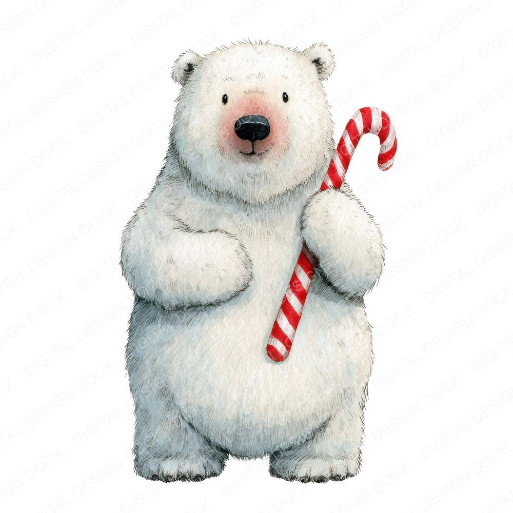 Watercolour Christmas Polar Bear Candy Cane fussy cut sheet in US Letter format showing all 12 designs on one printable page
