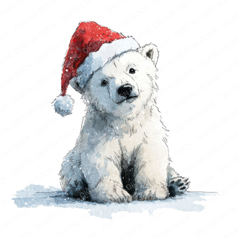 Watercolour Christmas Polar Bear Santa fussy cut sheet in A4 format showing all 12 designs on one printable page
