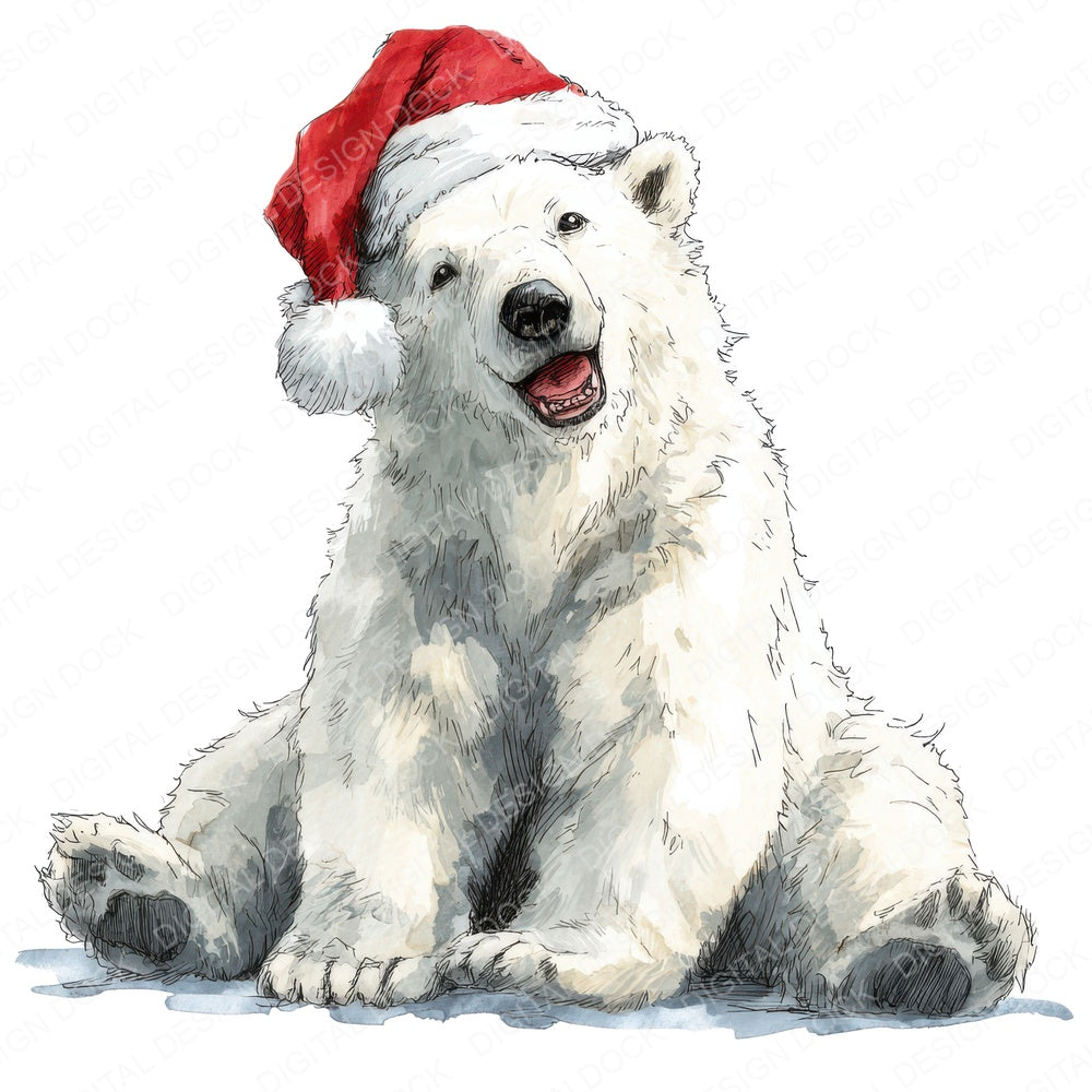 Watercolour Christmas Polar Bear Santa fussy cut sheet in US Letter format showing all 12 designs on one printable page