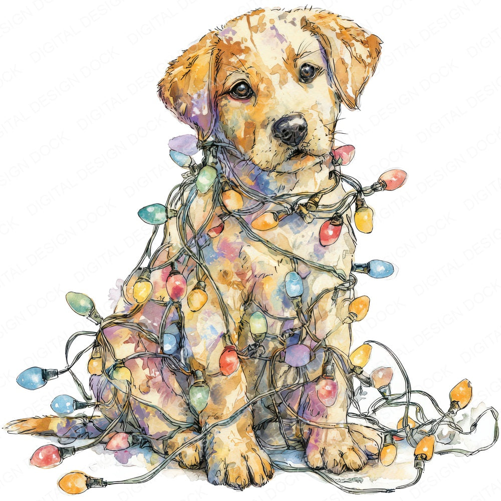Watercolour Christmas Puppy Lights fussy cut sheet in A4 format showing all 12 designs on one printable page