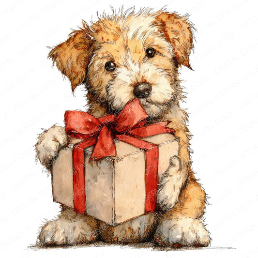 Watercolour Christmas Puppy Present fussy cut sheet in A4 format showing all 12 designs on one printable page