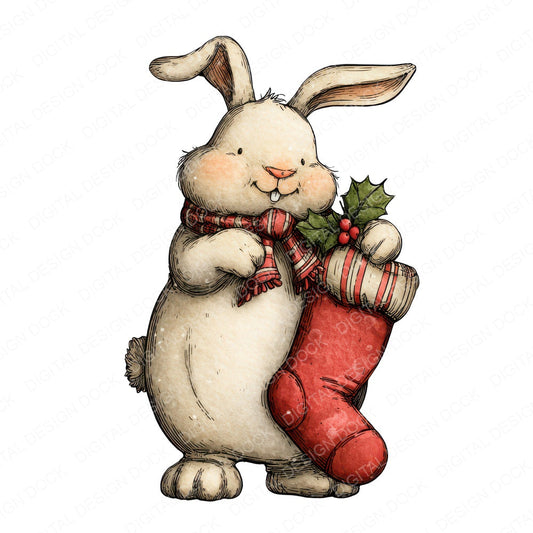 Watercolour Christmas Rabbit Stocking fussy cut sheet in A4 format showing all 12 designs on one printable page