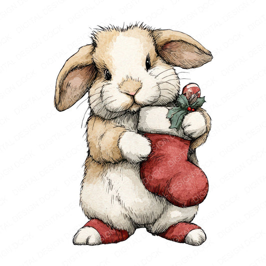 Watercolour Christmas Rabbit Stocking fussy cut sheet in US Letter format showing all 12 designs on one printable page