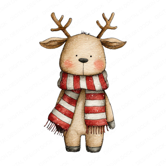 Watercolour Christmas Reindeer Scarf fussy cut sheet in A4 format showing all 12 designs on one printable page