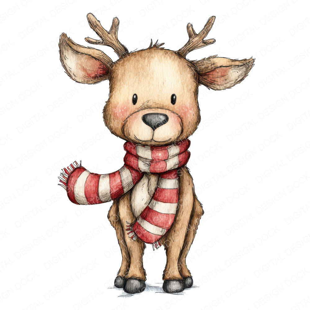 Watercolour Christmas Reindeer Scarf fussy cut sheet in US Letter format showing all 12 designs on one printable page