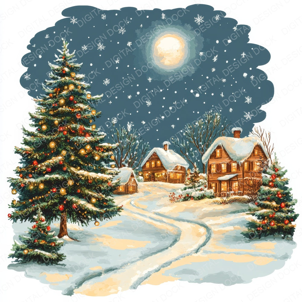Watercolour Christmas Scene fussy cut sheet in US Letter format showing all 12 designs on one printable page