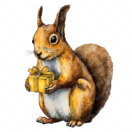 Watercolour Christmas Squirrel Gift fussy cut sheet in A4 format showing all 12 designs on one printable page