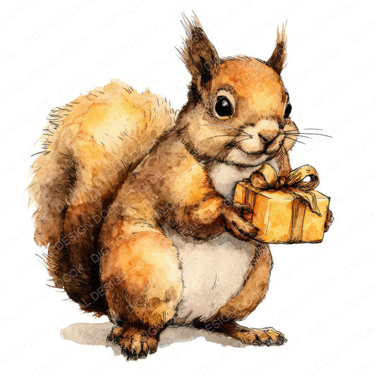 Watercolour Christmas Squirrel Gift fussy cut sheet in US Letter format showing all 12 designs on one printable page