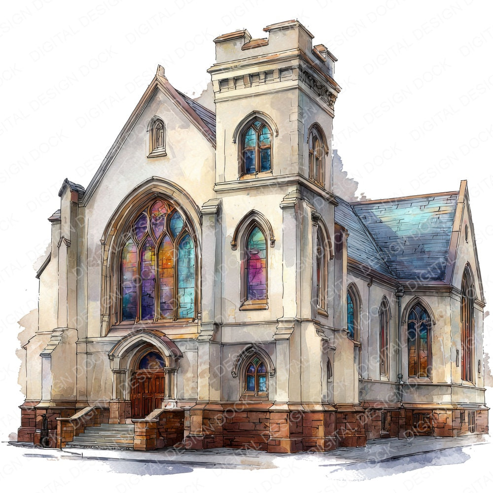 Watercolour Church Buildings fussy cut sheet in A4 format showing all 12 designs on one printable page