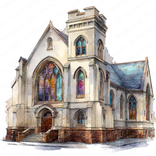 Watercolour Church Buildings fussy cut sheet in A4 format showing all 12 designs on one printable page
