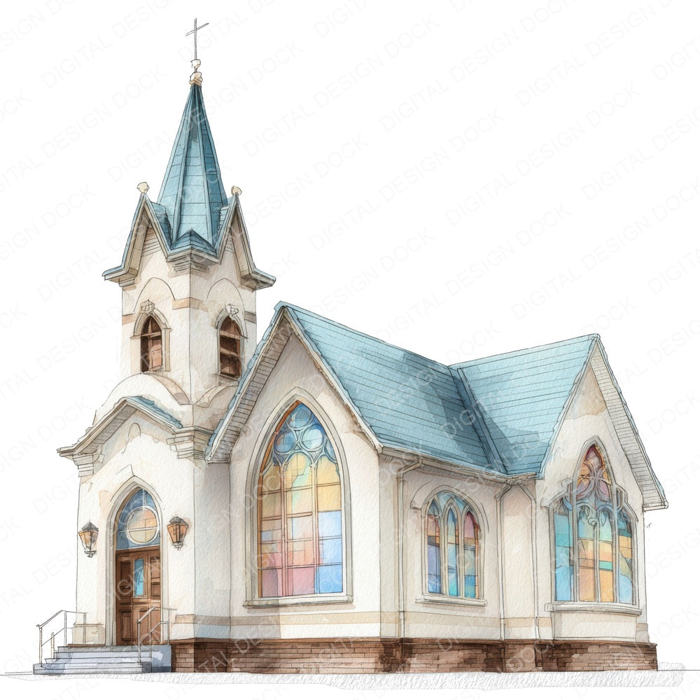 Watercolour Church Buildings fussy cut sheet in US Letter format showing all 12 designs on one printable page