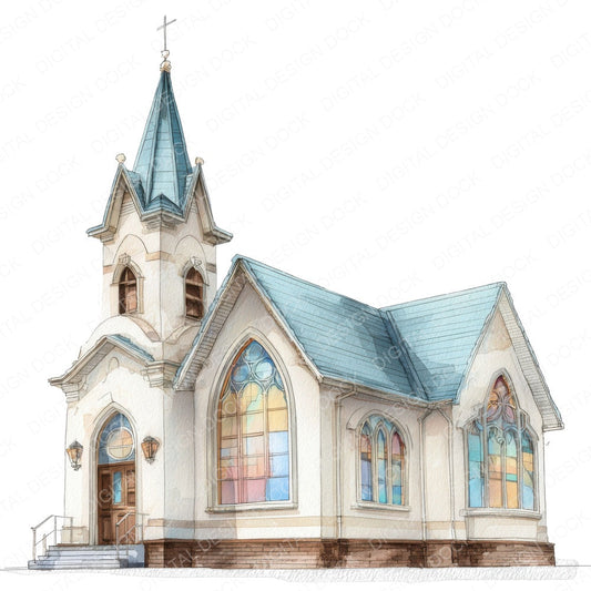 Watercolour Church Buildings fussy cut sheet in US Letter format showing all 12 designs on one printable page