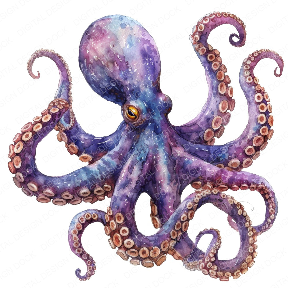Watercolour Colourful Octopus fussy cut sheet in A4 format showing all 12 designs on one printable page