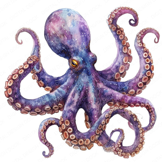 Watercolour Colourful Octopus fussy cut sheet in A4 format showing all 12 designs on one printable page