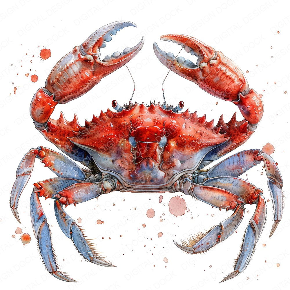 Watercolour Crab fussy cut sheet in US Letter format showing all 12 designs on one printable page