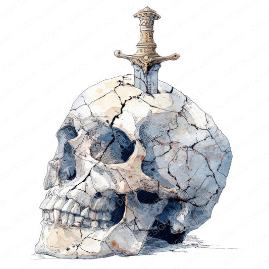 Watercolour Dagger Skull fussy cut sheet in A4 format showing all 12 designs on one printable page