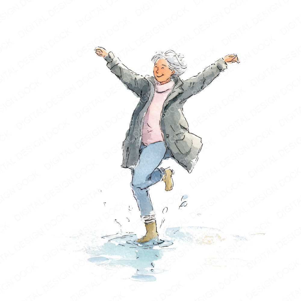 Watercolour Dancing Senior Woman fussy cut sheet in US Letter format showing all 12 designs on one printable page