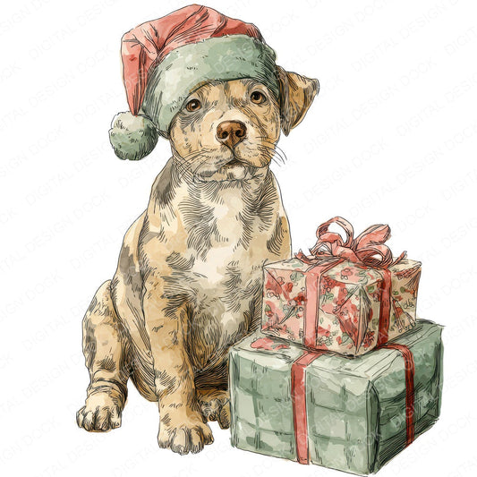 Watercolour Dog Present fussy cut sheet in A4 format showing all 12 designs on one printable page