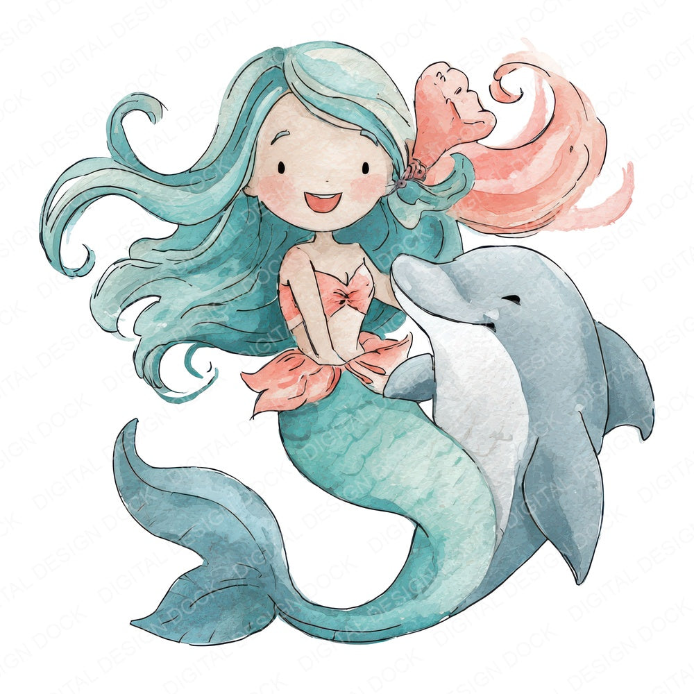 Watercolour Dolphin Mermaid fussy cut sheet in A4 format showing all 12 designs on one printable page