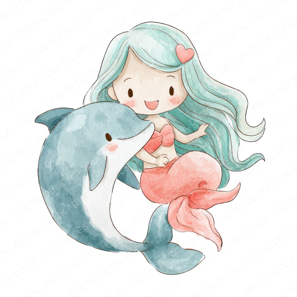Watercolour Dolphin Mermaid fussy cut sheet in US Letter format showing all 12 designs on one printable page