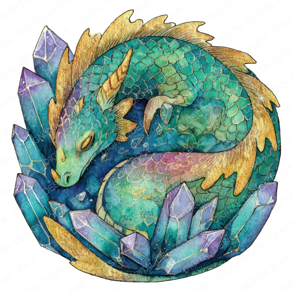 Watercolour Dragon Crystal fussy cut sheet in A4 format showing all 12 designs on one printable page