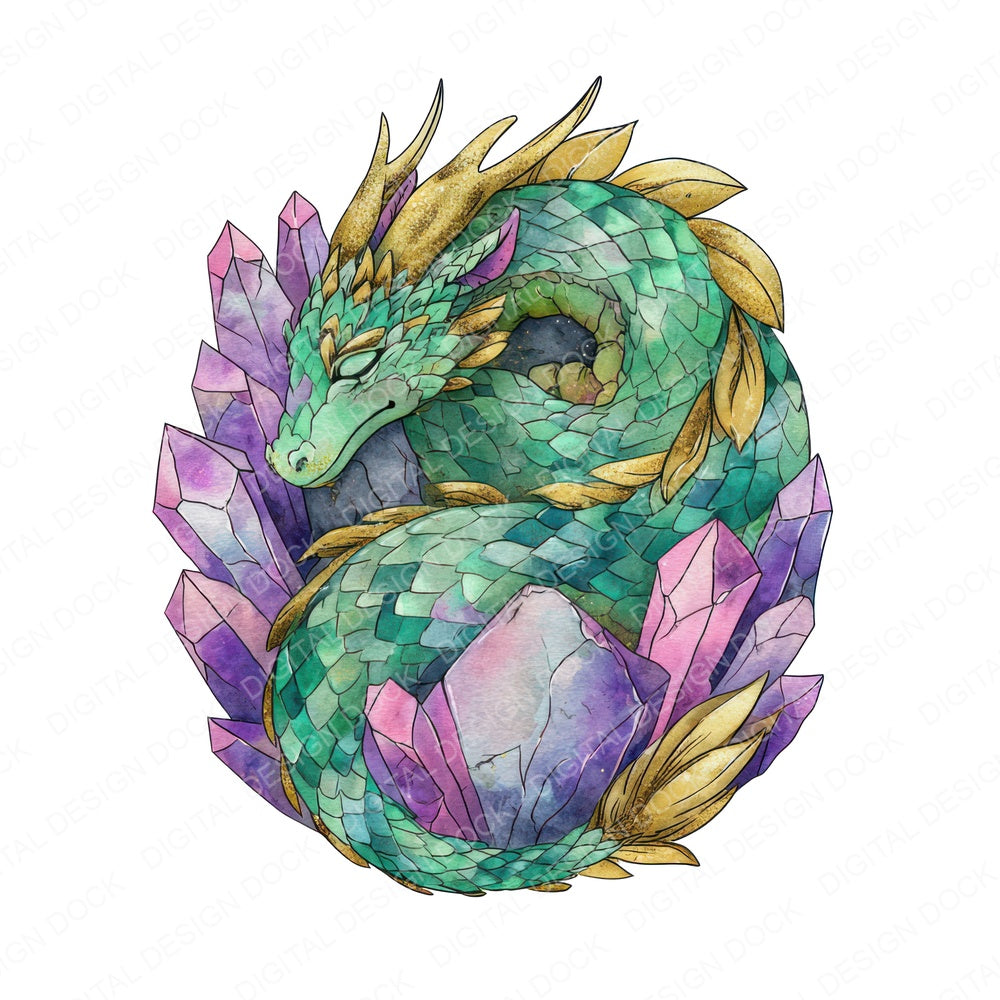 Watercolour Dragon Crystal fussy cut sheet in US Letter format showing all 12 designs on one printable page