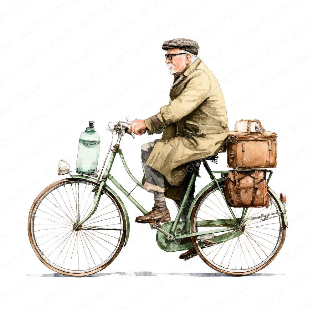Watercolour Elderly Man Bicycle fussy cut sheet in A4 format showing all 12 designs on one printable page