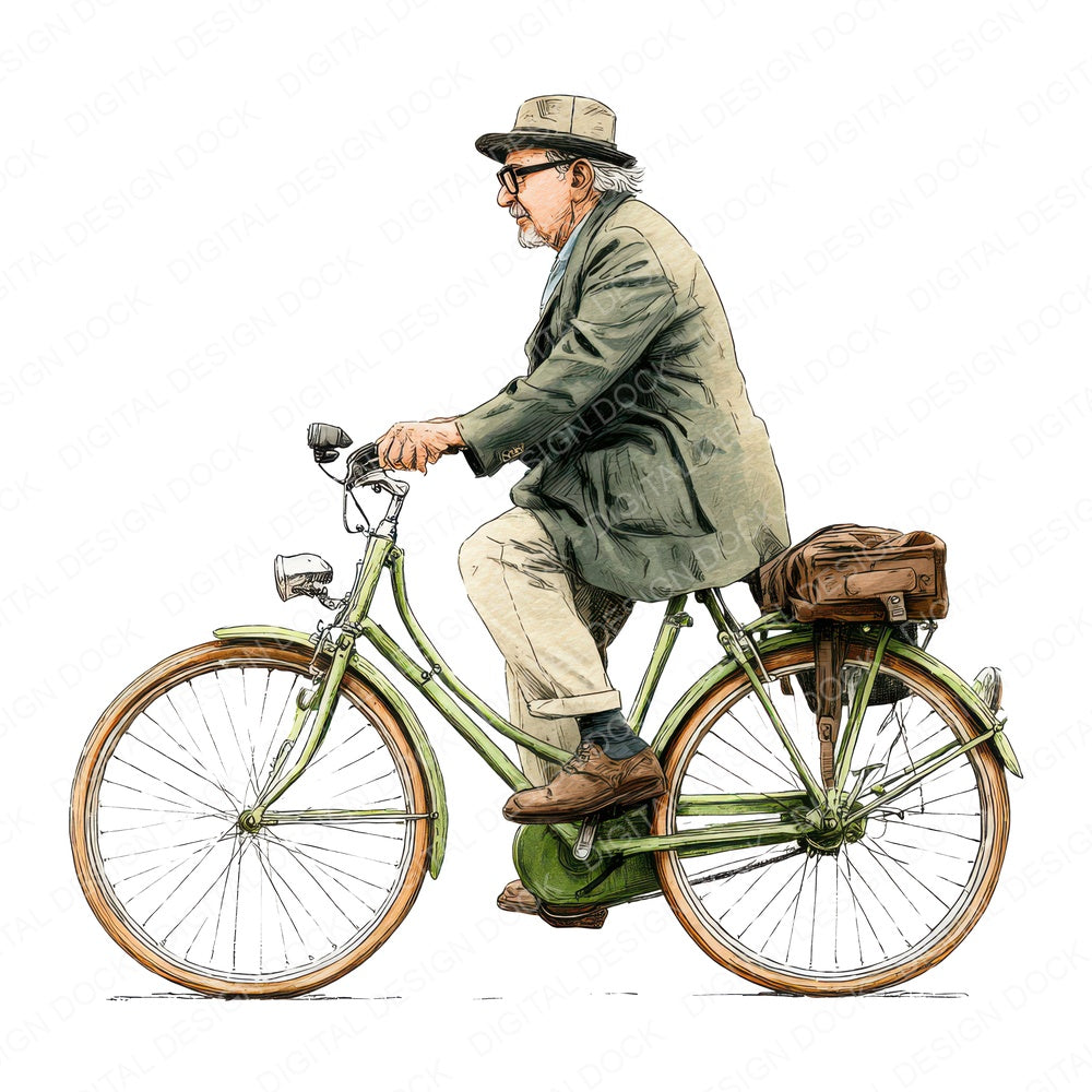 Watercolour Elderly Man Bicycle fussy cut sheet in US Letter format showing all 12 designs on one printable page