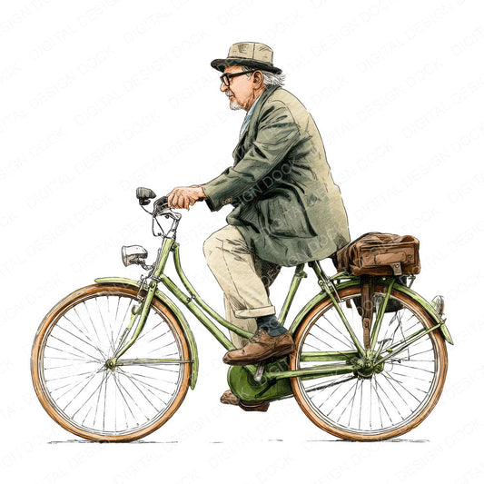 Watercolour Elderly Man Bicycle fussy cut sheet in US Letter format showing all 12 designs on one printable page