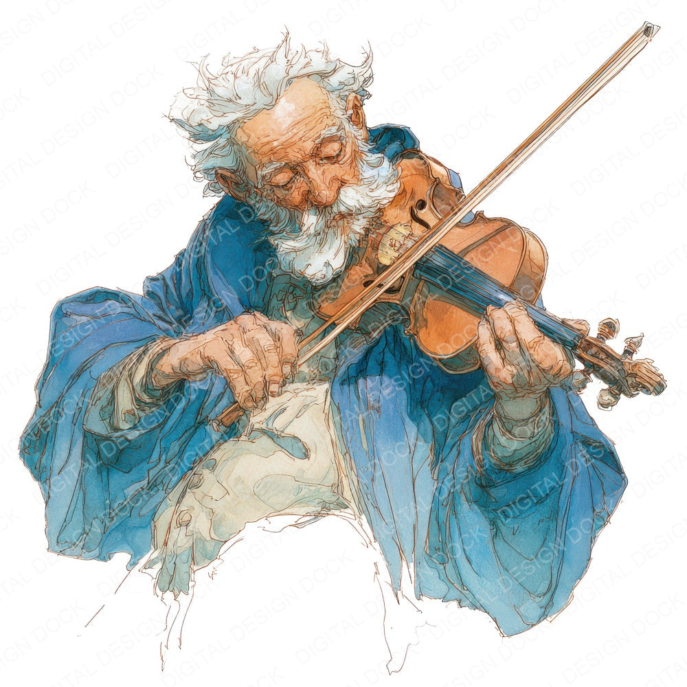 Watercolour Elderly Man Violin fussy cut sheet in A4 format showing all 12 designs on one printable page