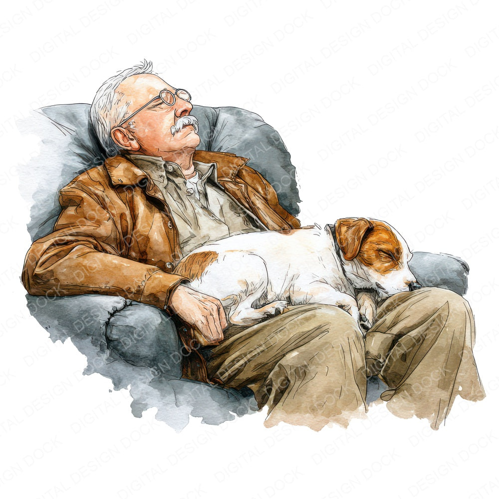 Watercolour Elderly Man with Dog fussy cut sheet in A4 format showing all 12 designs on one printable page