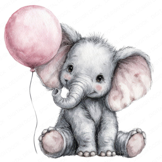 Watercolour Elephant Balloon fussy cut sheet in A4 format showing all 12 designs on one printable page