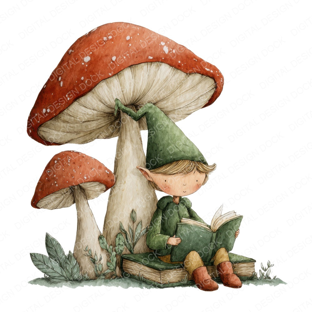 Watercolour Elf Mushroom fussy cut sheet in A4 format showing all 12 designs on one printable page