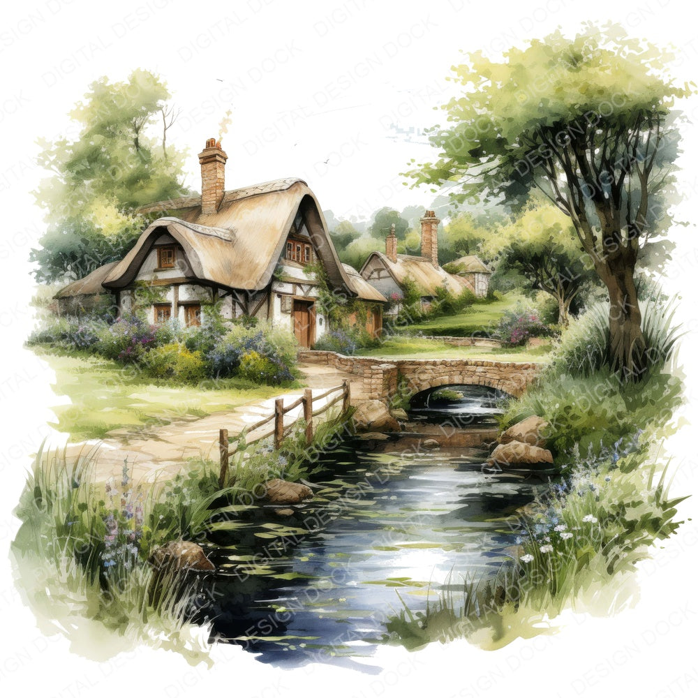 Watercolour English Village Cotswolds fussy cut sheet in A4 format showing all 12 designs on one printable page