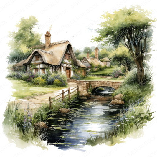 Watercolour English Village Cotswolds fussy cut sheet in A4 format showing all 12 designs on one printable page