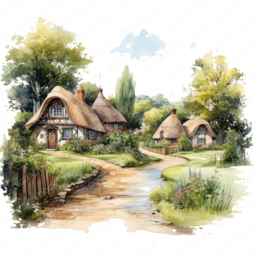 Watercolour English Village Cotswolds fussy cut sheet in US Letter format showing all 12 designs on one printable page