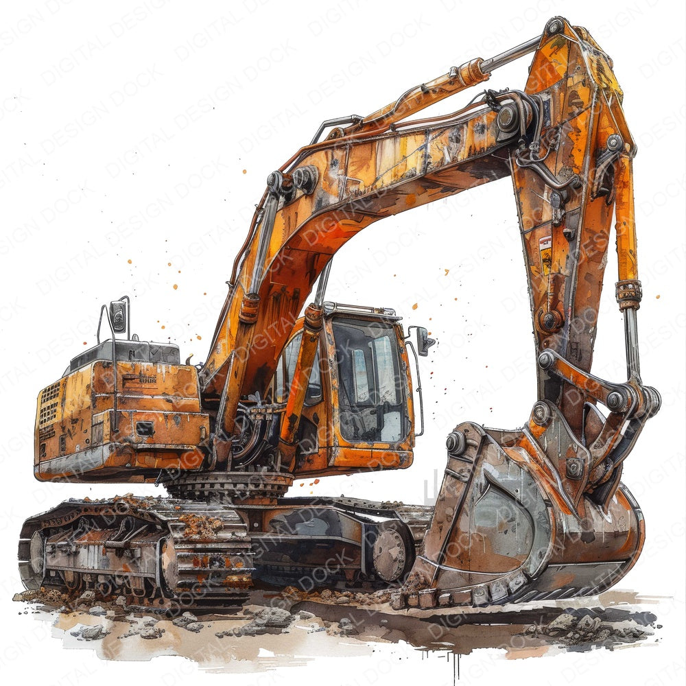 Watercolour Excavator fussy cut sheet in US Letter format showing all 12 designs on one printable page