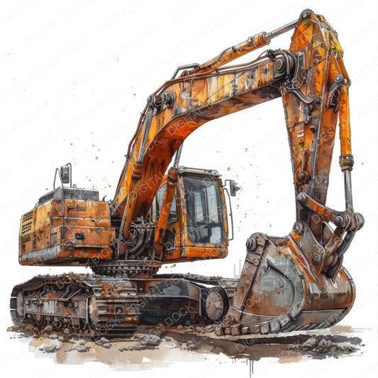 Watercolour Excavator fussy cut sheet in US Letter format showing all 12 designs on one printable page