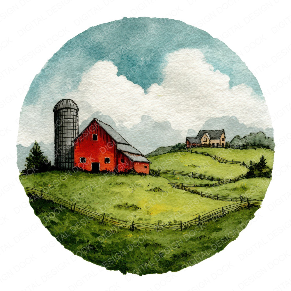 Watercolour Farm Circle Clipart Set (DDD008539)