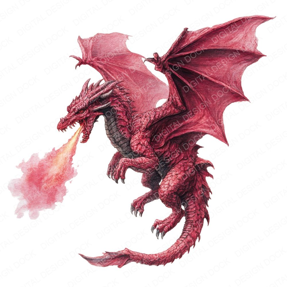Watercolour Fire Breathing Dragon Clipart Set (DDD007113)